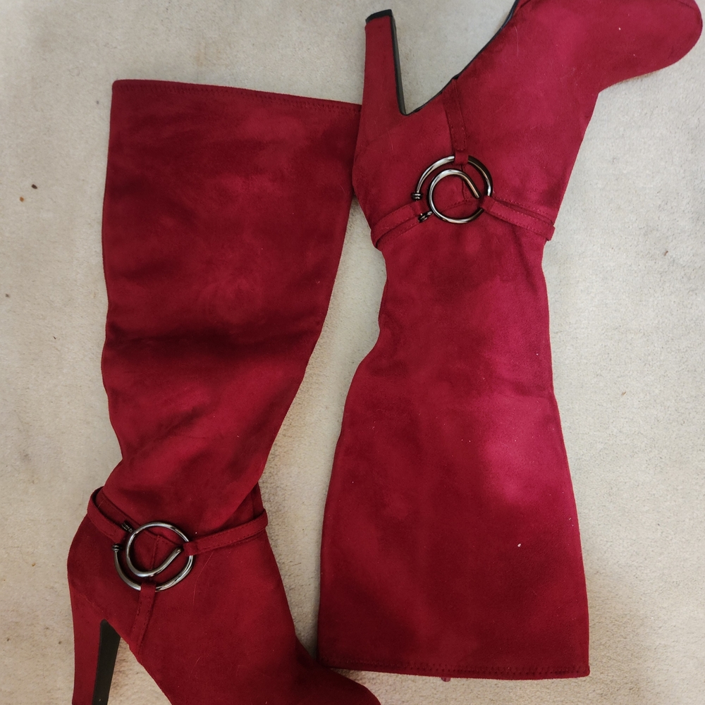 Striking Red Over the Knee Boots with Suede Finish